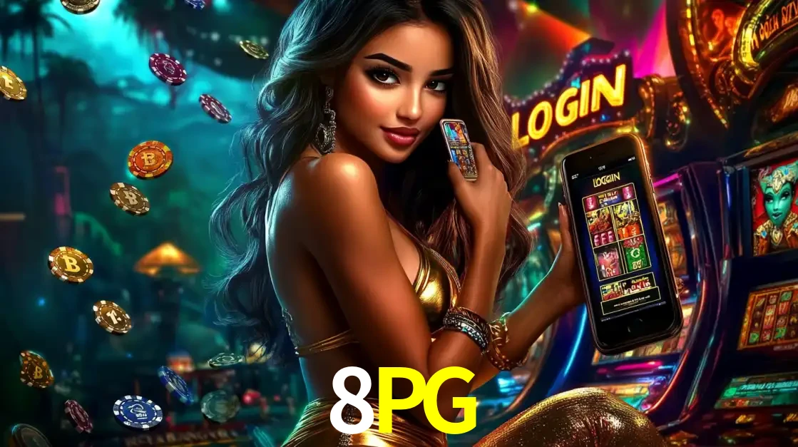 Mulher em um cenário de cassino temático de aventura, mostrando o app de caça-níqueis da 8PG no celular. Fichas de apostas flutuam ao redor.