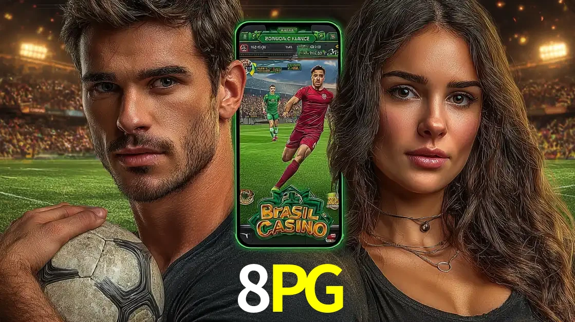 Homem segurando uma bola de futebol e uma mulher ao lado de um smartphone exibindo o jogo de apostas esportivas da 8PG. Faça seu palpite no cassino online.